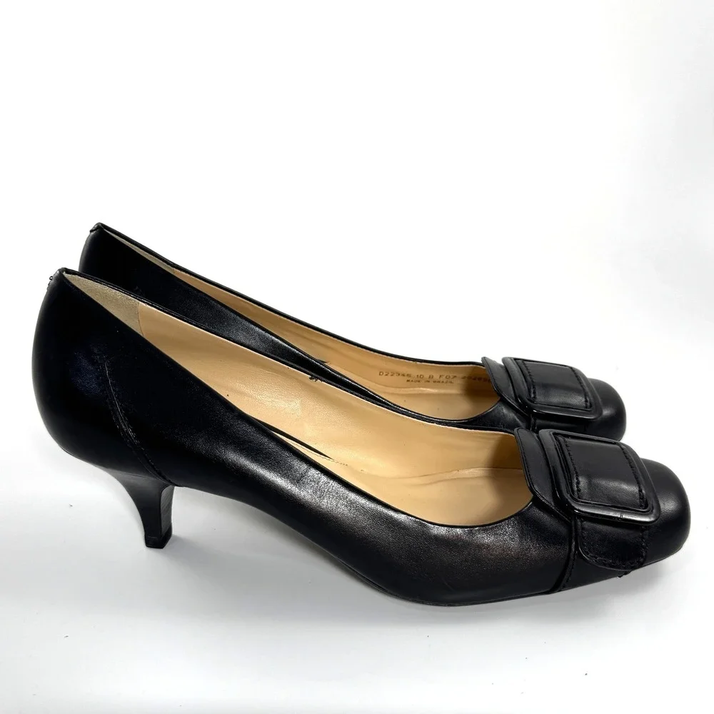 Cole Haan Womens Black Leather Square Toe Buckle Kitten Heel Pumps Size 10B - Picture 5 of 9